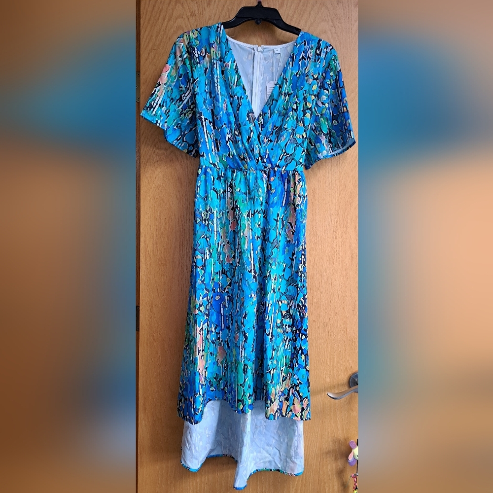 Elegant Blue Patterned Women's High,LowDress